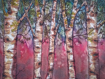 Birches birch trees forest nature lover rainbow traditional art watercolor and ink