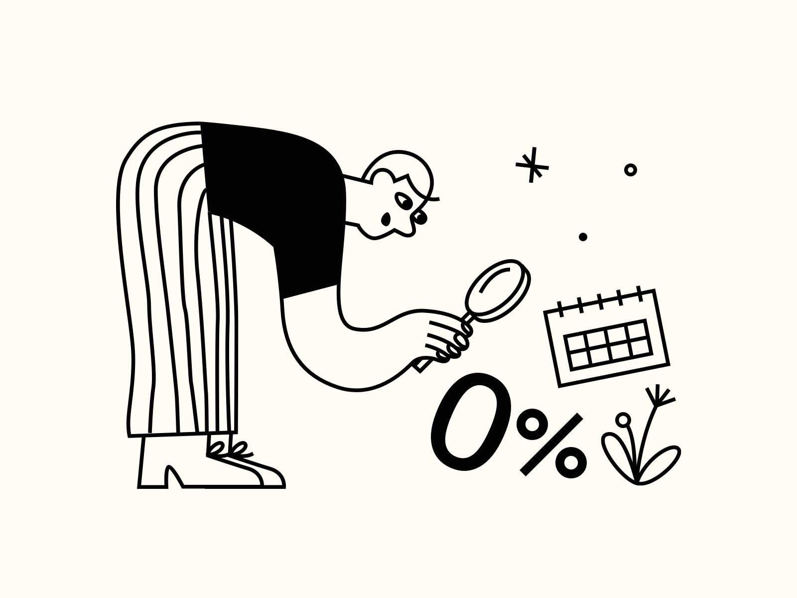 No interest, no hidden fees 💸 2d black and white character confirmation explore flat illustration illustrator marketing site minimal product illustration search simple illustrations success