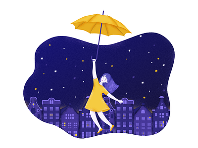 Flying umbrella character city flying girl illustration night umbrella yellow