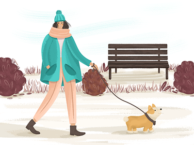 Corgi in the park autumn bench big coat character cold corgi dog girl illustration park plants walk