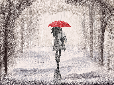 Walking in the rain art girl illustration pastel rain red textures umbrella walking