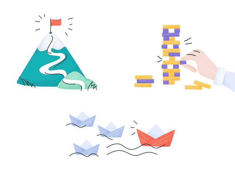 Success, challenge, leadership metaphor boats jenga mountain illustration leadership challenge success