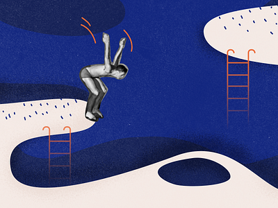 Jump! career collage deep dive editorial illustration jump pool risk sea