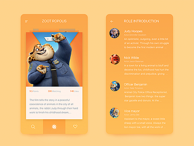 Zoot ropolis animation，movie，orange，color app cards clean concept design ios mobile ui zoot ropolis