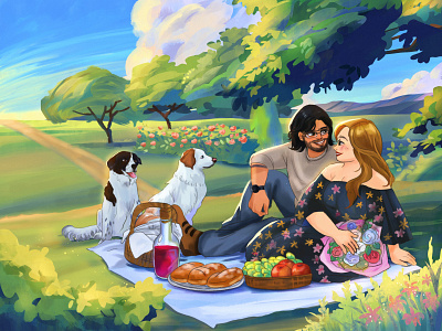 A sunny day with you 2d painting dog portrait illustration illustrator picnic romance illustration