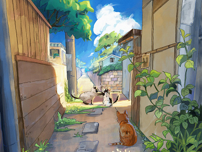 The cat fight 2d illustration animal illustration anime background painting cat illustration digital digital painting illu illustrator summer ilustration
