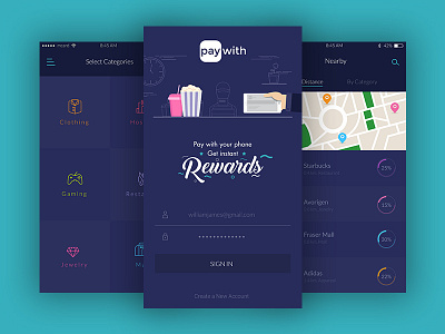 PayWith iOS app re-design app ios login map mobile pay rewards ui ux with