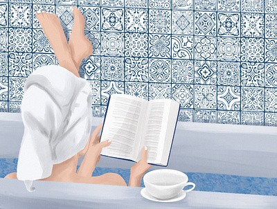 Self-care bathroom book digital digital art digital illustration illustration illustration art pattern reading tile