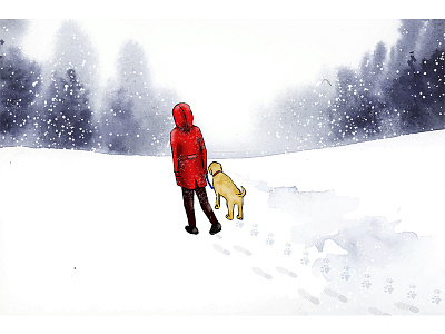 Commitment coat dog dog illustration girl landscape red red coat snow walking