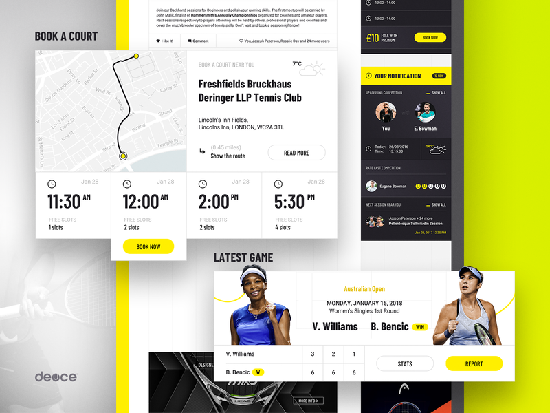 App feed for Deuce booking dashboard deuce event feed map schedule social media tennis ui ux