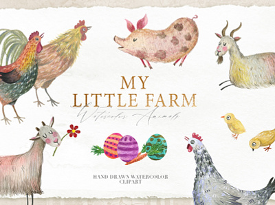 Little Farm Watercolor Clipart bunny colorful cute animals decorative easter easter egg farm animals farming funny character hand draw art illustration invitation set kids illustration scrapbook scrapbooking watercolor animals watercolor clipart watercolor painting