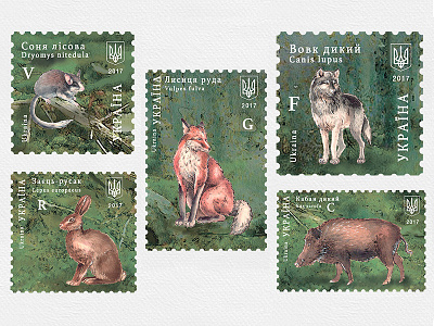 Forest Animals Post Stamps animals art background decorative element forest fox painting post stamp watercolor wolf