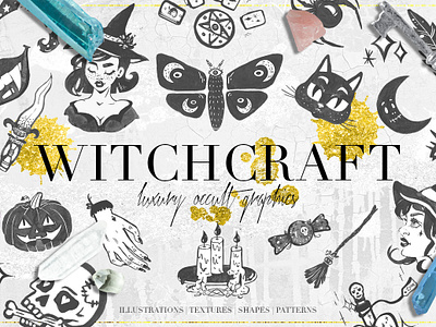 Luxury Witchcraft Graphics art background black clipart decorative design gold halloween illustration ink isolated magic mystical occult paint texture watercolor white witchcraft witcher