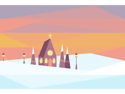 Lil' church church illustration lights purple sunset trees winter