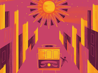 California Street cable car california city illustration san francisco sf skyline sun sunset texture trolley