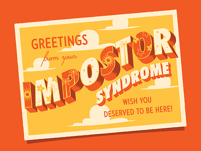 Greetings from your Imposter Syndrome! clouds greetings illustration impostor syndrome lettering postcard retro travel typography vintage wish you were here