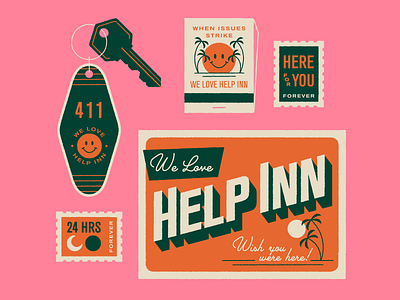 We love Help Inn! dad jokes ephemera help scout hotel hotel key ilustration key motel palm trees postcard puns stamp travel typography