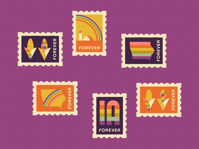Iowa Pride 🌈 corn farm gay marriage illustration iowa postcard pride rainbow retro stamps typography