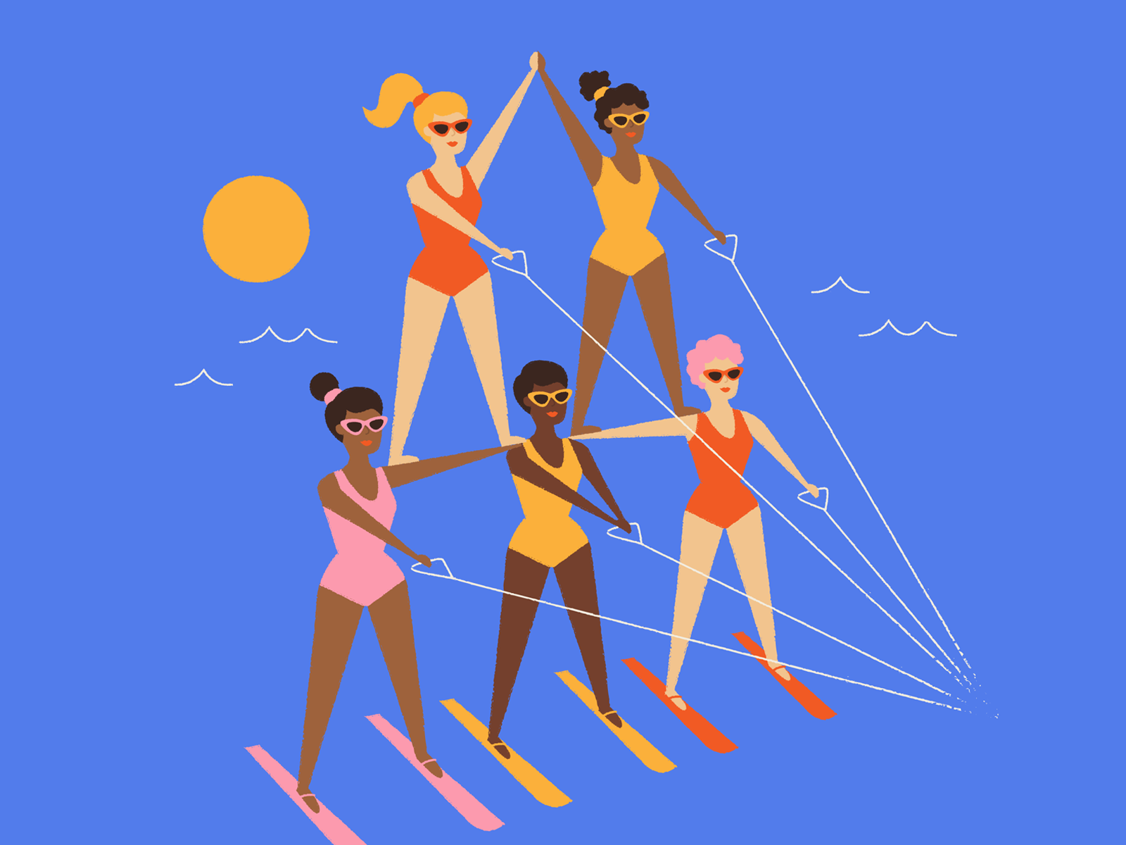 Ladies supporting each other in 2019 character art elevate feminism illustration ladies summer sunglasses support swimsuit team teamwork water skiing women