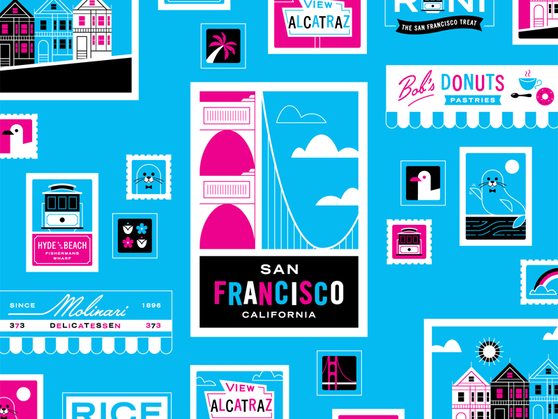 TripActions — San Francisco cable car california donuts golden gate bridge illustration postcard san francisco sea lion seagull sf stamp travel trolley typography