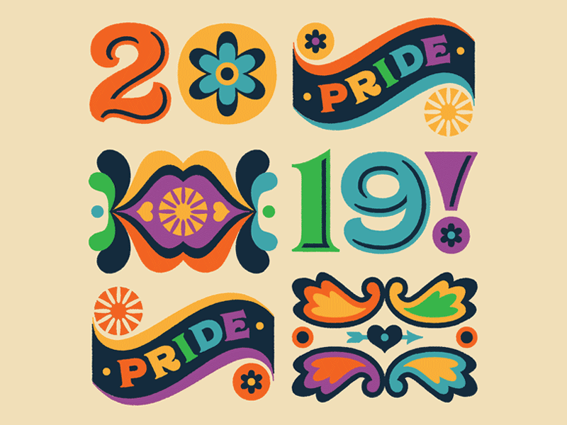Happy Pride! 70s bisexual floral flowers gay illustration pansexual pride pride 2019 rainbow retro trans transgender typography