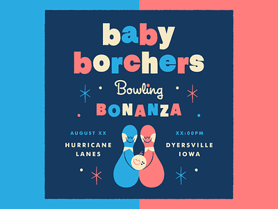 Baby Borchers baby baby shower bowling bowling pin illustration invitation invite mid century modern retro typography