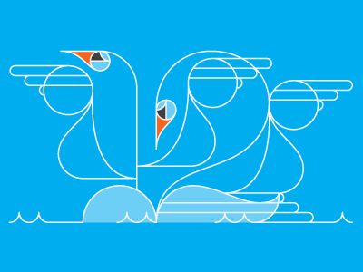 The number 12, kind of secretly written in swans. 12 animals blue geometric illustration lettering line numbers swan water