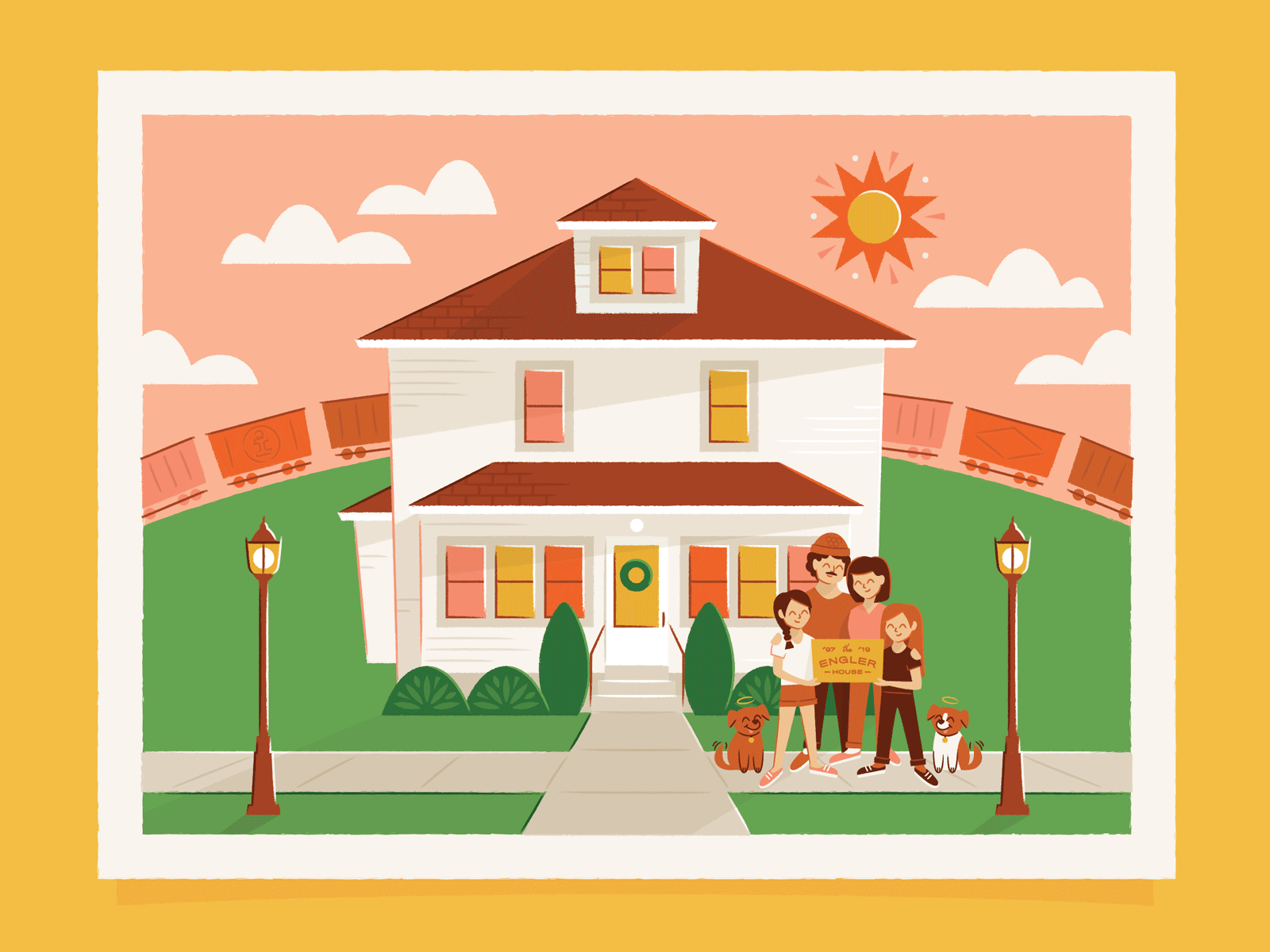 Home Sweet Iowa dog family home house illustration poster train