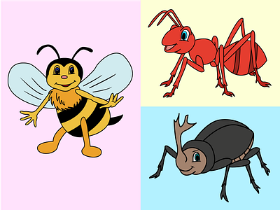 Cartoon cute bee, ant and rhinoceros beetle