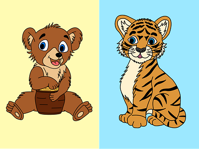 Cute cartoon baby bear and baby tiger branding cartoon comic design graphic design honey illustration vector