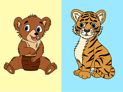 Cute cartoon baby bear and baby tiger