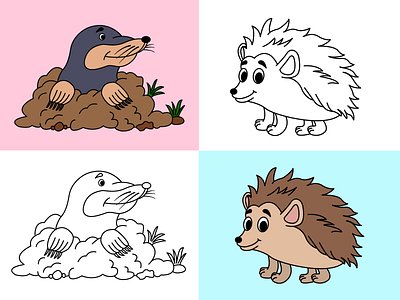 Cartoon hedgehog and mole for coloring page