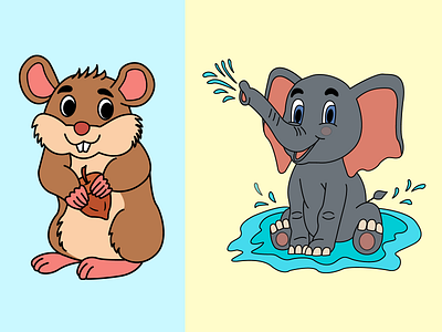 Cartoon cute hamster and baby elephant