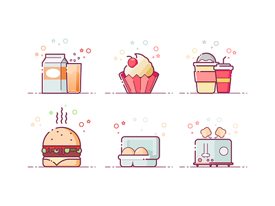 Delicious food bread coke egg flat food hamburgers icon illustration line milk