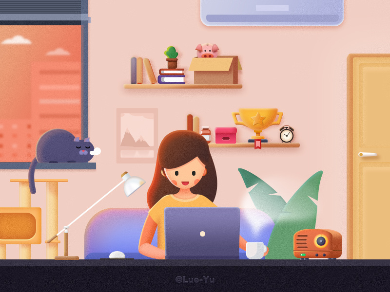 bedroom work bedroom light books orange room cup radio door cat girl illustration work