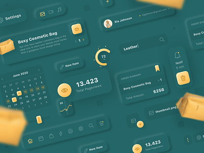 Neumorphic Shop Kit admin buttons calendar cart dashboard ecommerce graph green icons leather navigation neumorphism pack profile shop skeumorphic slider tabs ui yellow