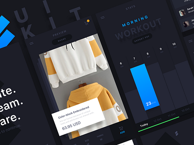 Spate Dark UI Kit clean dark flat graph kit login mail minimal sketch ui