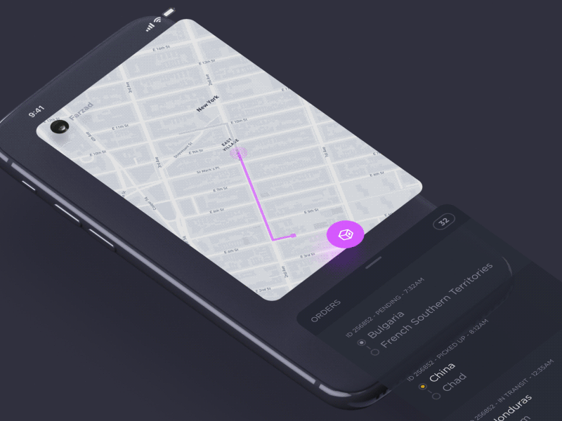 Package Delivery animation app dark delivery gif maps purple track tracking ui