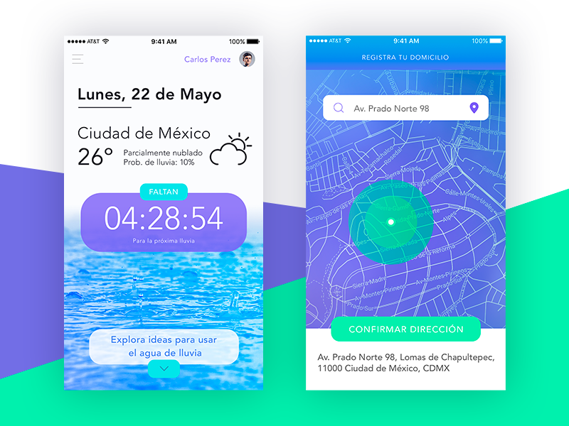 Experimental Weather App UI - Home & Address Registration uber rain screen home clock map address weather interface ios ui app