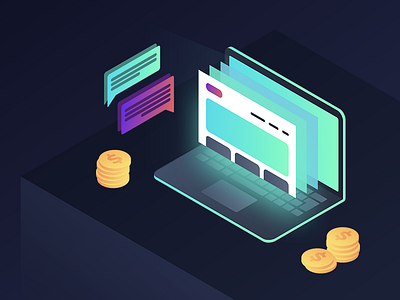 Isometric Illustration for Web Header 3d beautiful coins computer forum gradient illustration isometric laptop messaging money style
