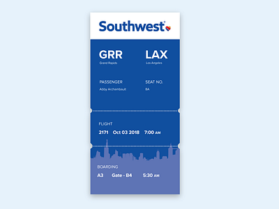 Airline Ticket airlines boarding boarding pass flight southwest ticket travel ui