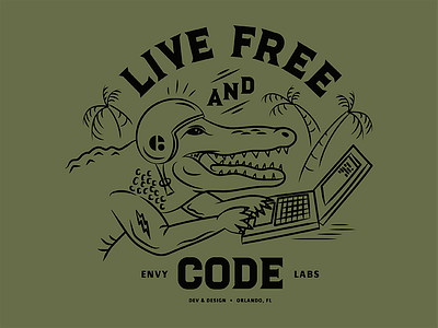 Live Free and Code alligator code coding envy labs florida gator illustration laptop orlando palm trees typography vector illustration