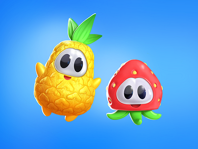 space pineapple and strawberry 3d 3d art character cute digital fruit funny game illustration kids pineapple space strawberry