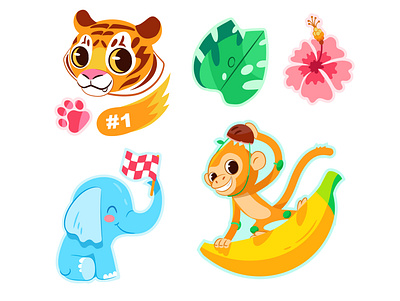 jungle sticker character cool elephant flower fun jungle kids kids illustration monkey monstera sticker tiger