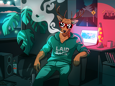 Chill mood character (digital illustration) 2d art character chill concept creative deer digital fun illustration modern mood relax room smoke weed