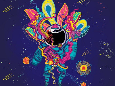Cosmonaut journey art astronaut cartoon character cosmo cosmonaut design digital drugs illustration journey lsd planets psychedelic sci fi shrooms space stars trippy