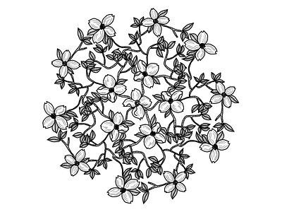 Circle of Dogwoods black and white circle drawing floral hand drawn illustration line art lines mandala