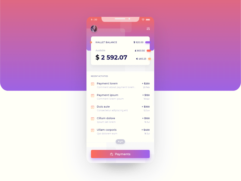 Main -> Account -Transition animation gif ios iphone morph motion payment prototype transition ui ux x