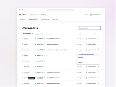 Deployment Dashboard branch clean design clean ui dashboard deployment design system list minimalist product product design productdesign production saas software table ui ux