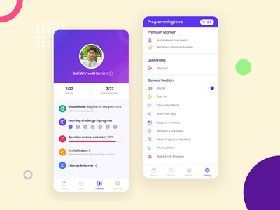 Profile & Settings UI - Programming Hero App 2019 adobe xd app branding design dribbble flat gradient icon invision minimal mobile app mobile ui profile programming settings trend ui ux vector